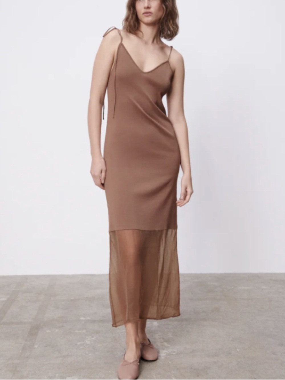 Zara Dusty Rose and Brown Maxi Slip Dress with Sheer Hem